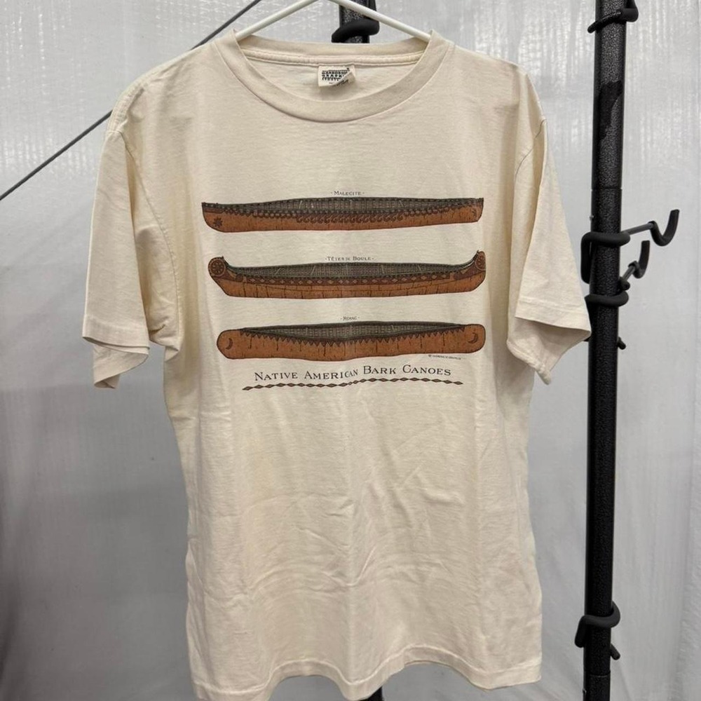 Vintage Harborside Graphics Native American Bark Canoes T-Shirt Cream Mens L